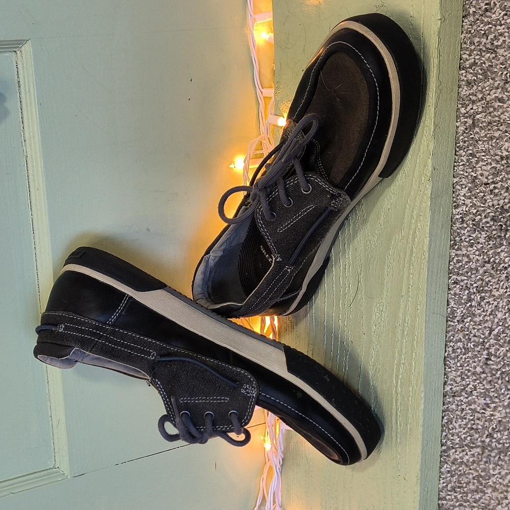 Men's Skechers Black Brown Canvas Leather Boat Shoes 11US 10UK